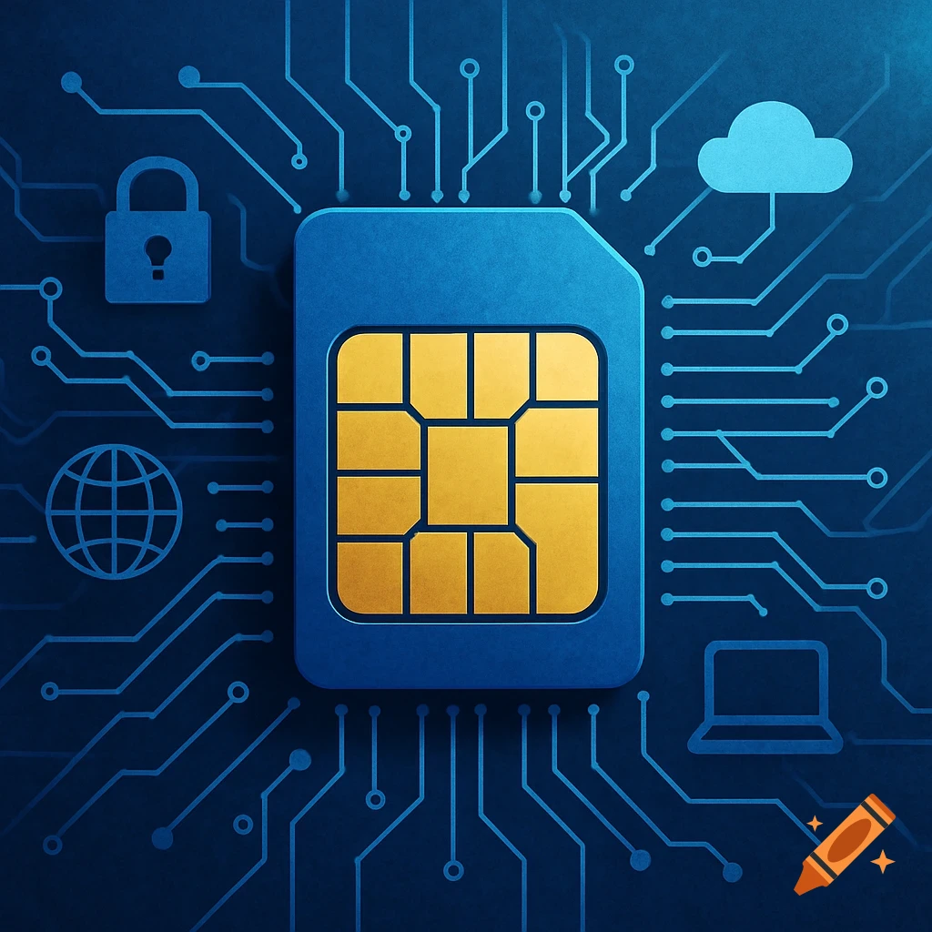 A blue SIM card with gold contacts sits on a blue circuit board background, surrounded by icons for security, cloud, globe, and laptop.