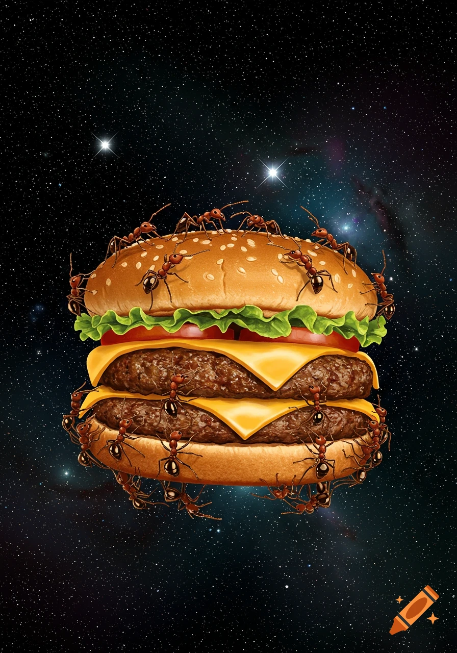 A photorealistic double cheeseburger floats in outer space, covered in numerous red ants.