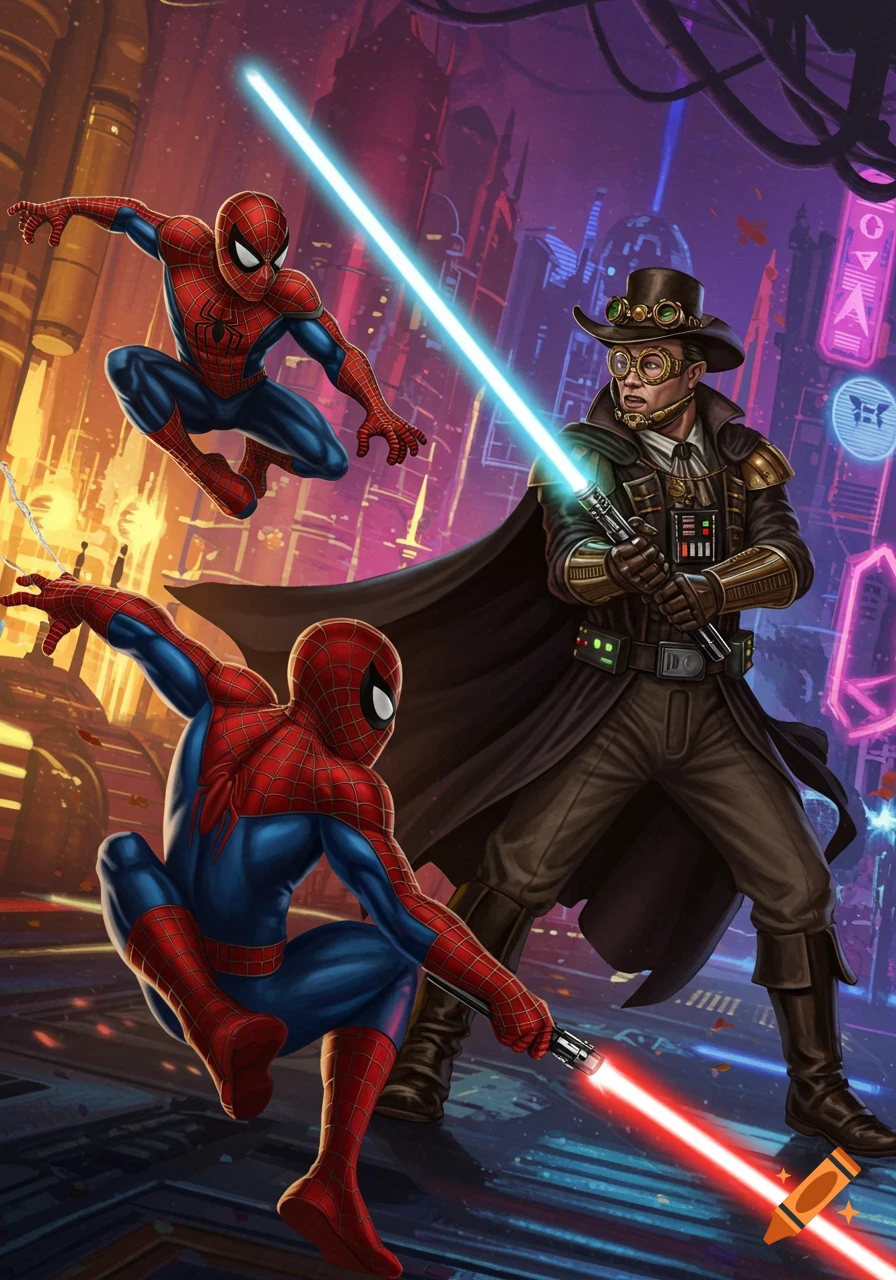 Spider-Man confronts a steampunk-style character wielding lightsabers in a futuristic city.