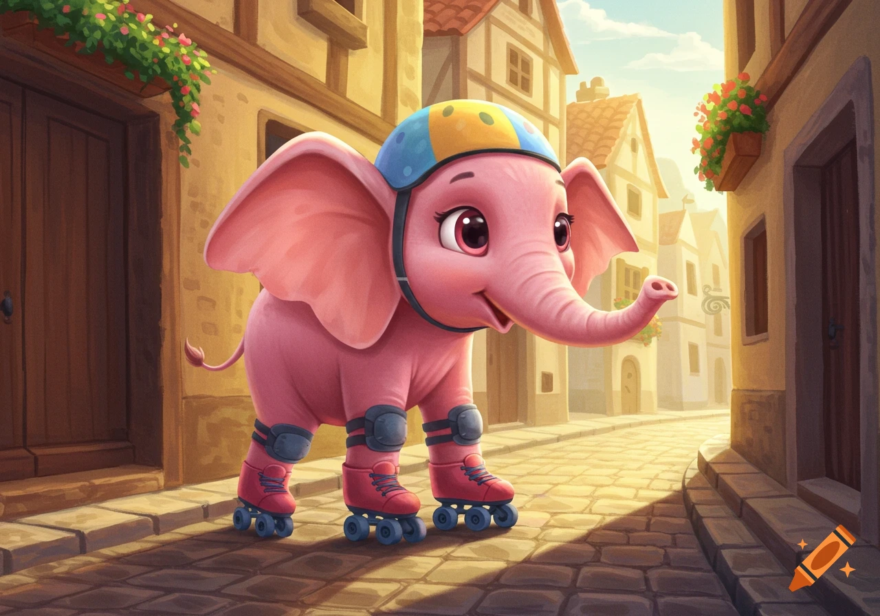 A cute pink baby elephant wearing a helmet and roller skates on a cobblestone street in a sunny village.