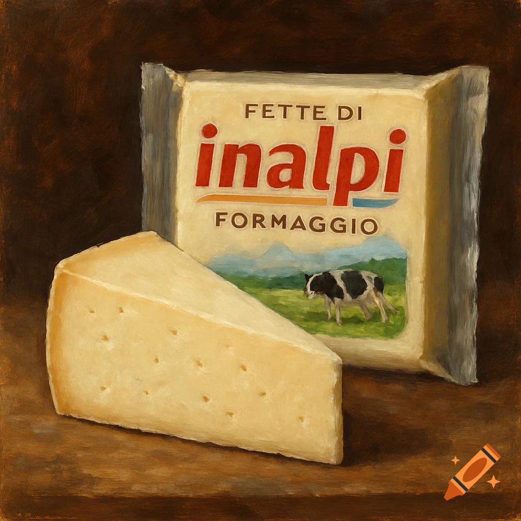 A yellow cheese wedge next to a package of Inalpi cheese featuring a cow, in a painterly style.