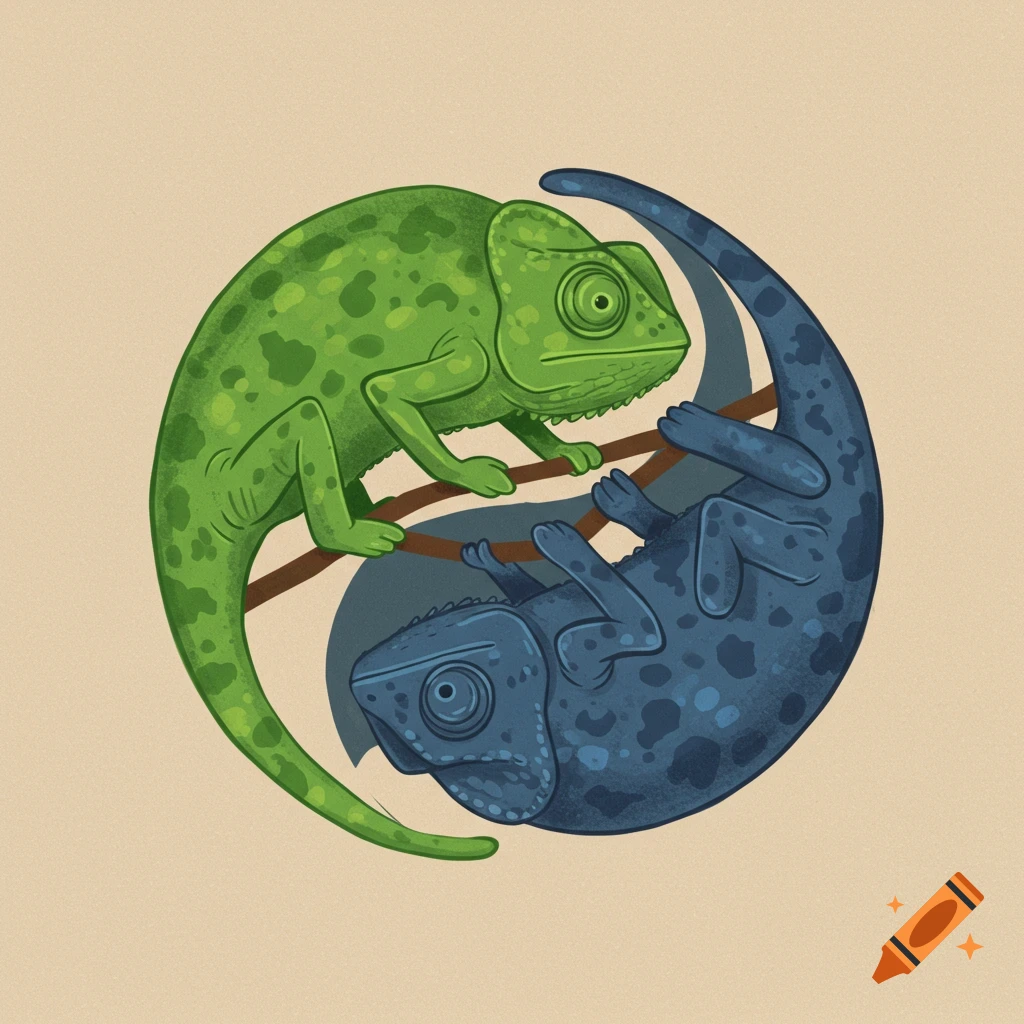 An illustration of a green chameleon and a blue chameleon forming a yin-yang symbol on a branch.