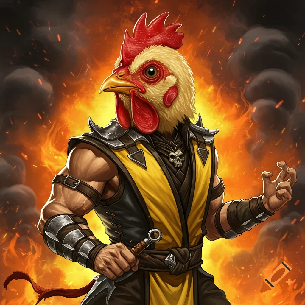 A muscular figure with a chicken head wearing a yellow and black martial arts outfit stands in front of a fiery background.