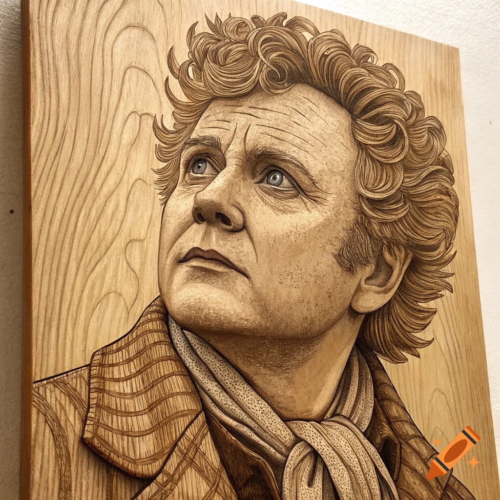 A detailed wood carving portrait of a man with curly hair and blue eyes, looking up, rendered with intricate lines.
