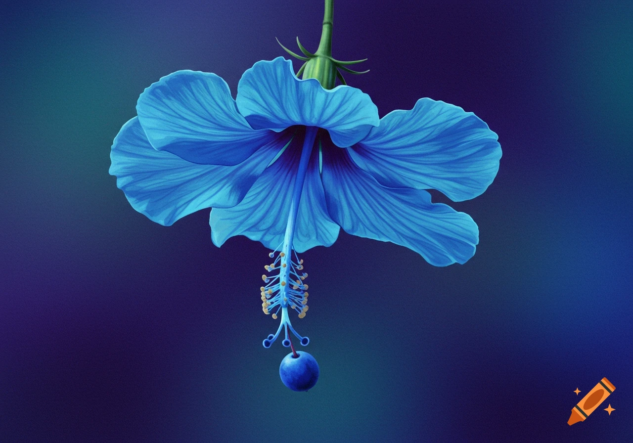 An inverted blue hibiscus flower with a blue berry hanging from its anther against a gradient blue and purple background, digital art.