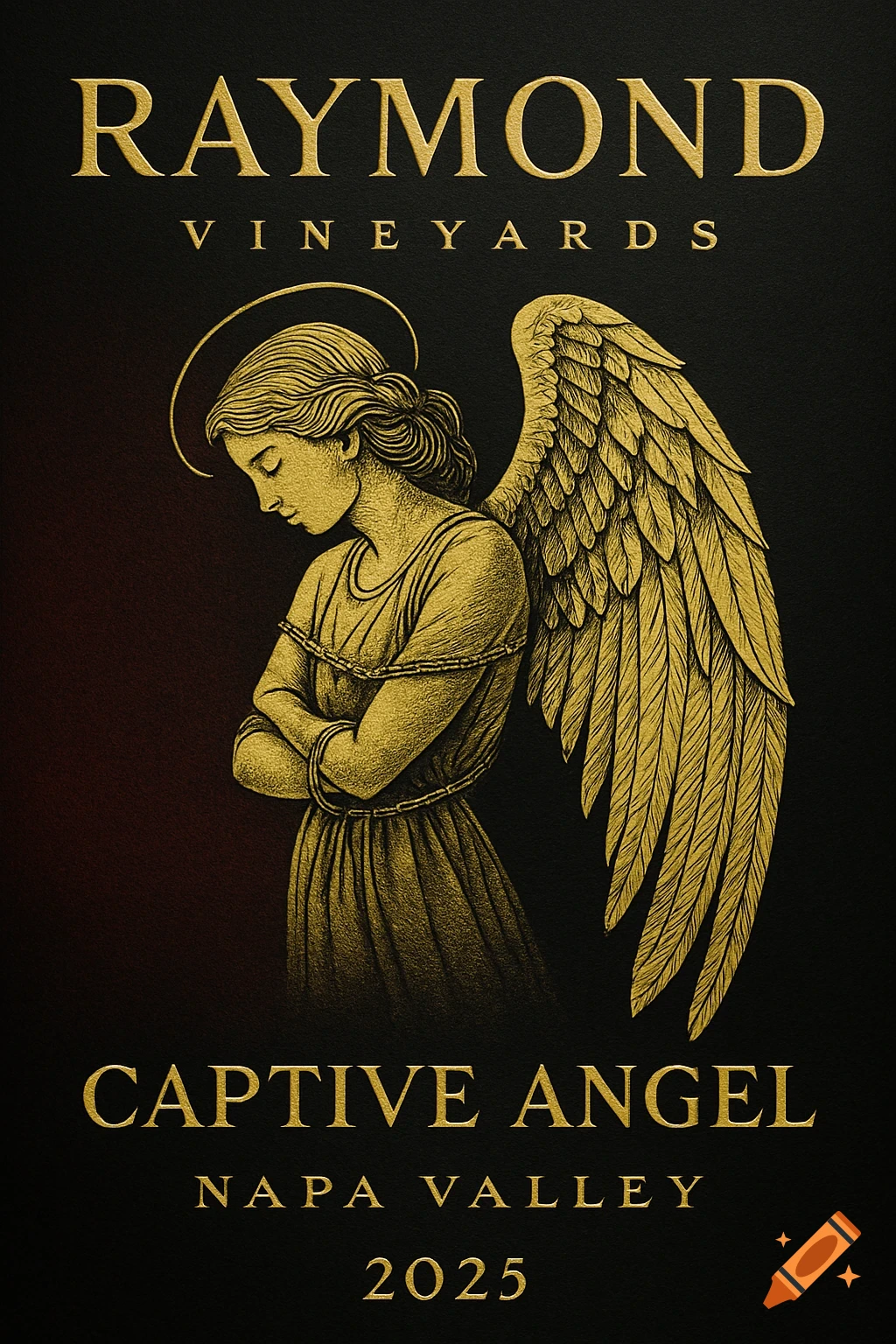 A gold foil wine label showing a solemn angel with a halo and wings, against a dark background, with text: RAYMOND VINEYARDS, CAPTIVE ANGEL, NAPA VALLEY, 2025.