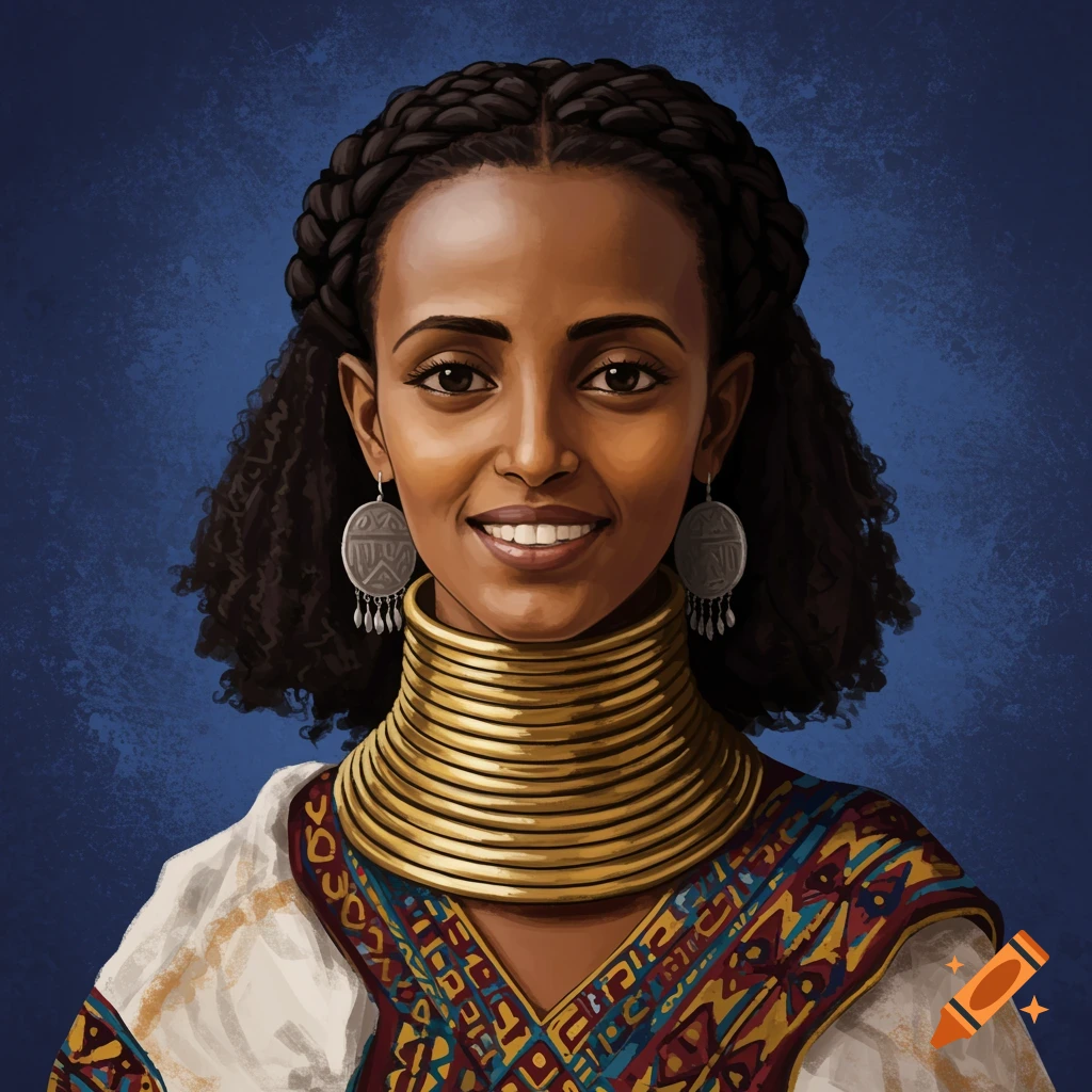 Portrait of a smiling young Habesha woman wearing traditional golden neck rings, silver earrings, and an embroidered white dress against a blue background.