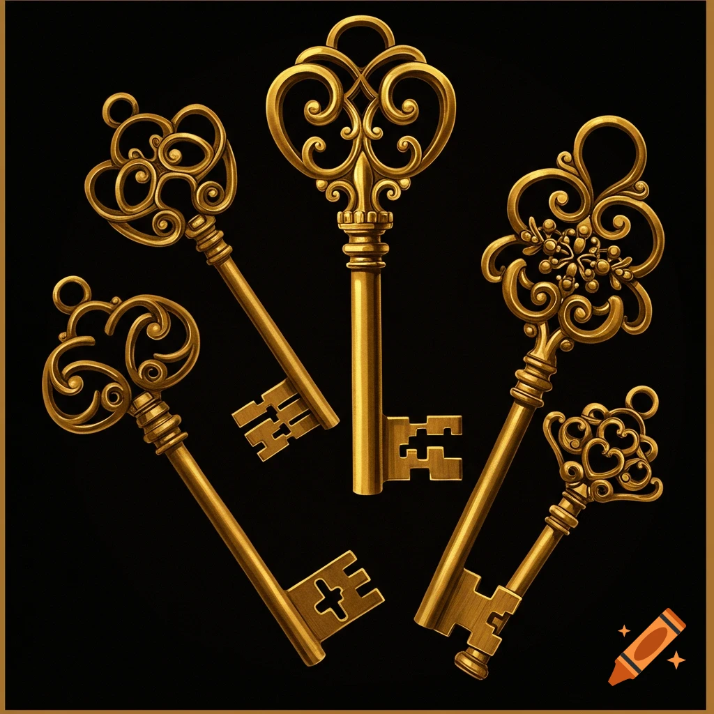 Five ornate golden skeleton keys arranged on a black background.