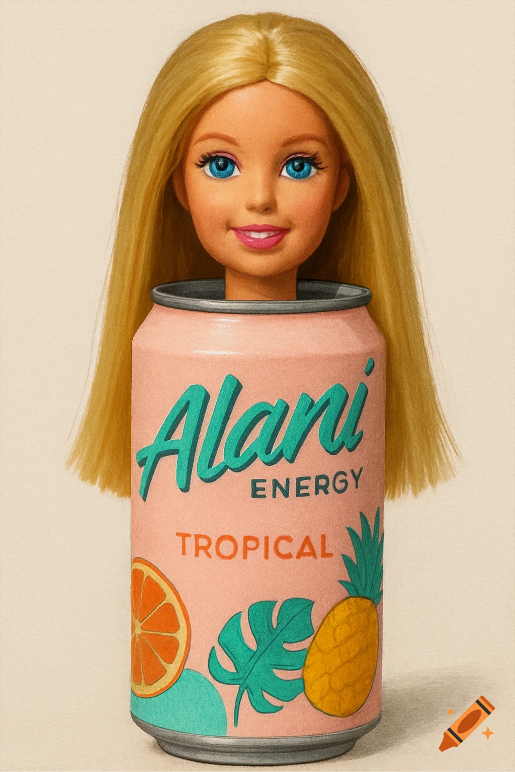 A Barbie doll head sits on top of a pink Alani Energy Tropical drink can, featuring tropical fruit illustrations.