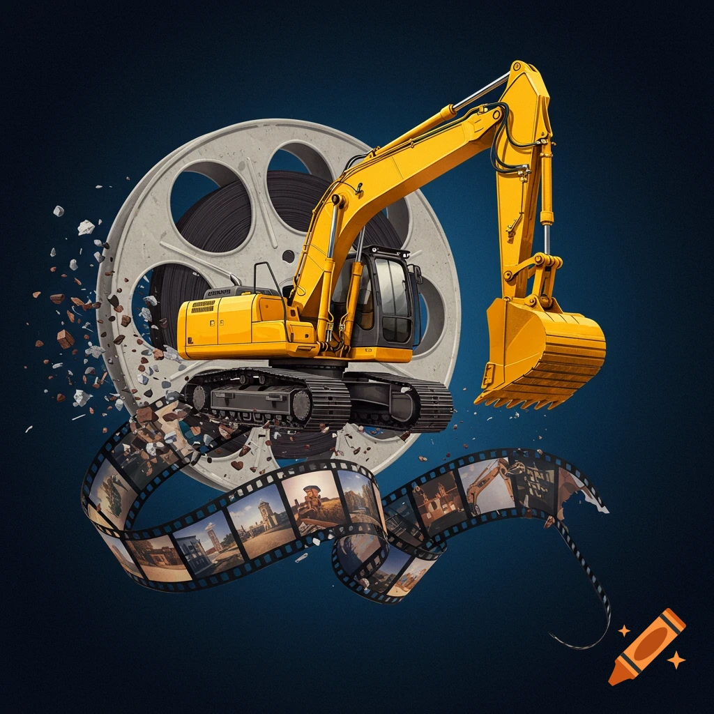 A yellow excavator appears to break out of a large grey film reel, surrounded by debris and a winding film strip with small images.