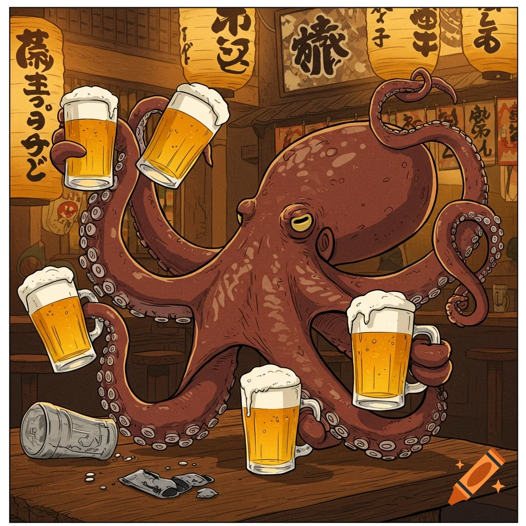 A cartoon octopus holding multiple mugs of beer in a lively Japanese bar setting.
