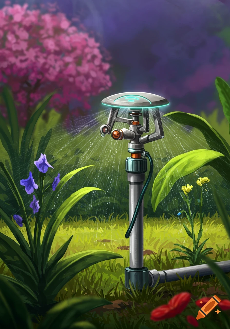 A futuristic sprinkler waters a vibrant garden with colorful flowers under a soft sky, in an illustrative style.