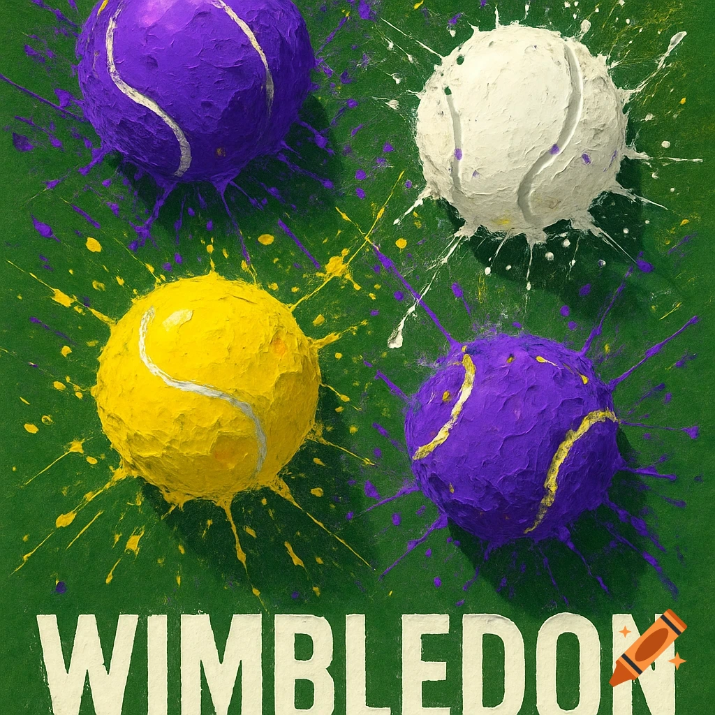 Abstract painting of four paint-splattered tennis balls (purple, white, yellow) on a green background, with 'WIMBLEDON' text.