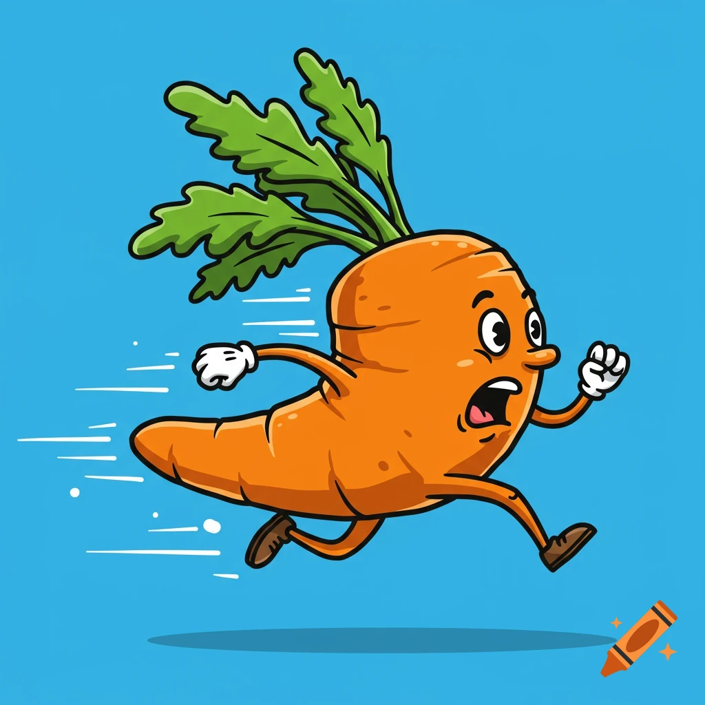 A scared cartoon carrot with green leaves on its head runs quickly across a light blue background.