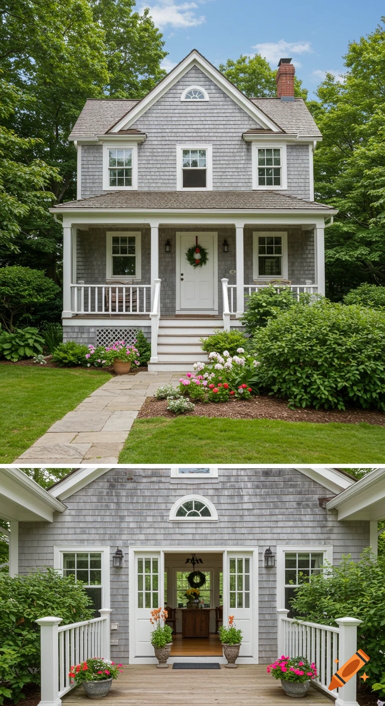 A charming grey shingle-sided house with a white front porch, stone path, and vibrant flowers. The lower image shows a back deck entrance.
