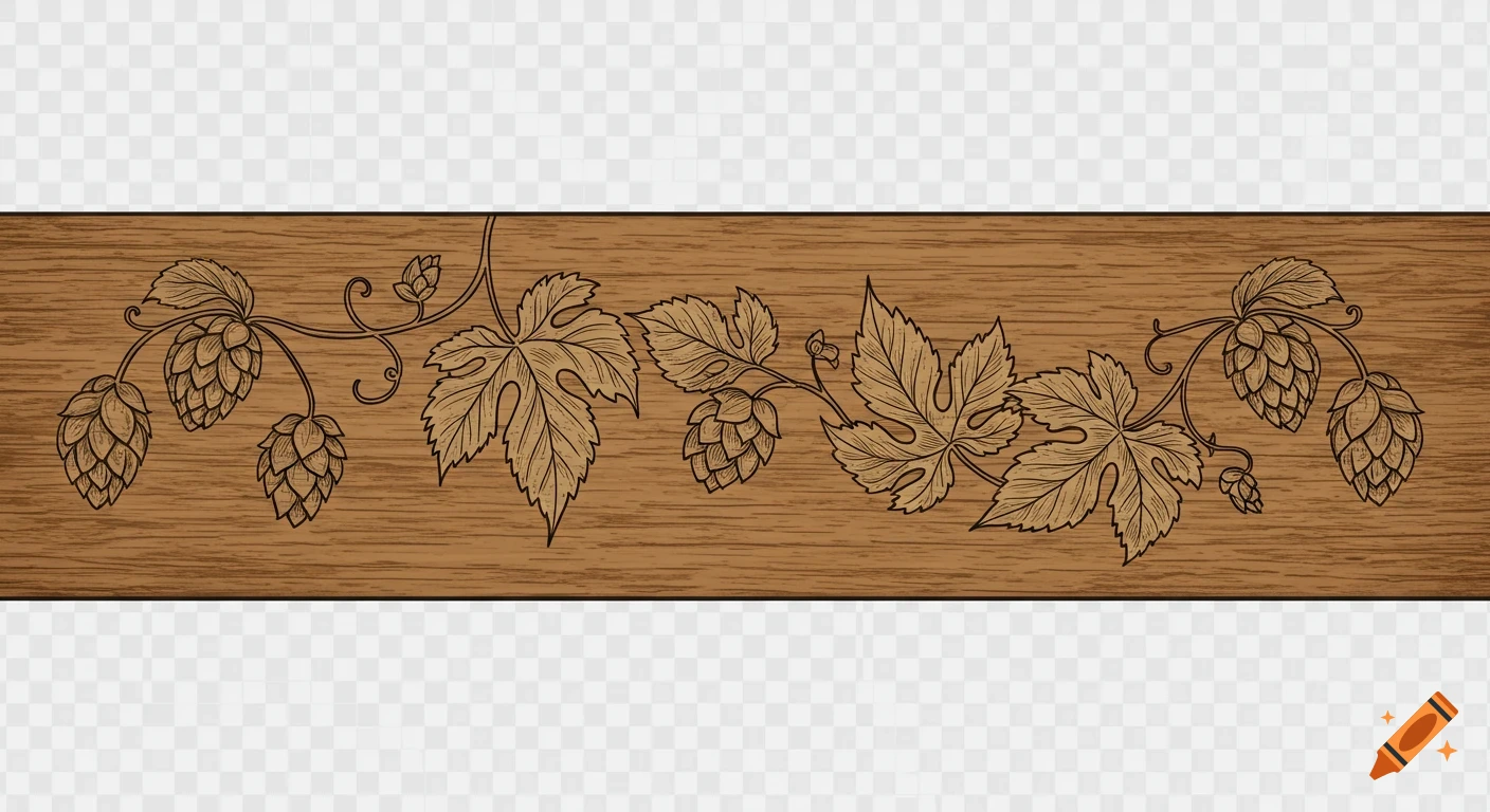 Engraved hop vines and leaves on a rustic wooden horizontal divider with a transparent background.