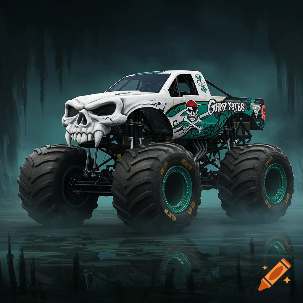 A white monster truck with a skull-shaped front and a teal side panel featuring a pirate skull and crossbones, with the text "GHOST PRTES" on it, parked in a foggy, dark swamp.