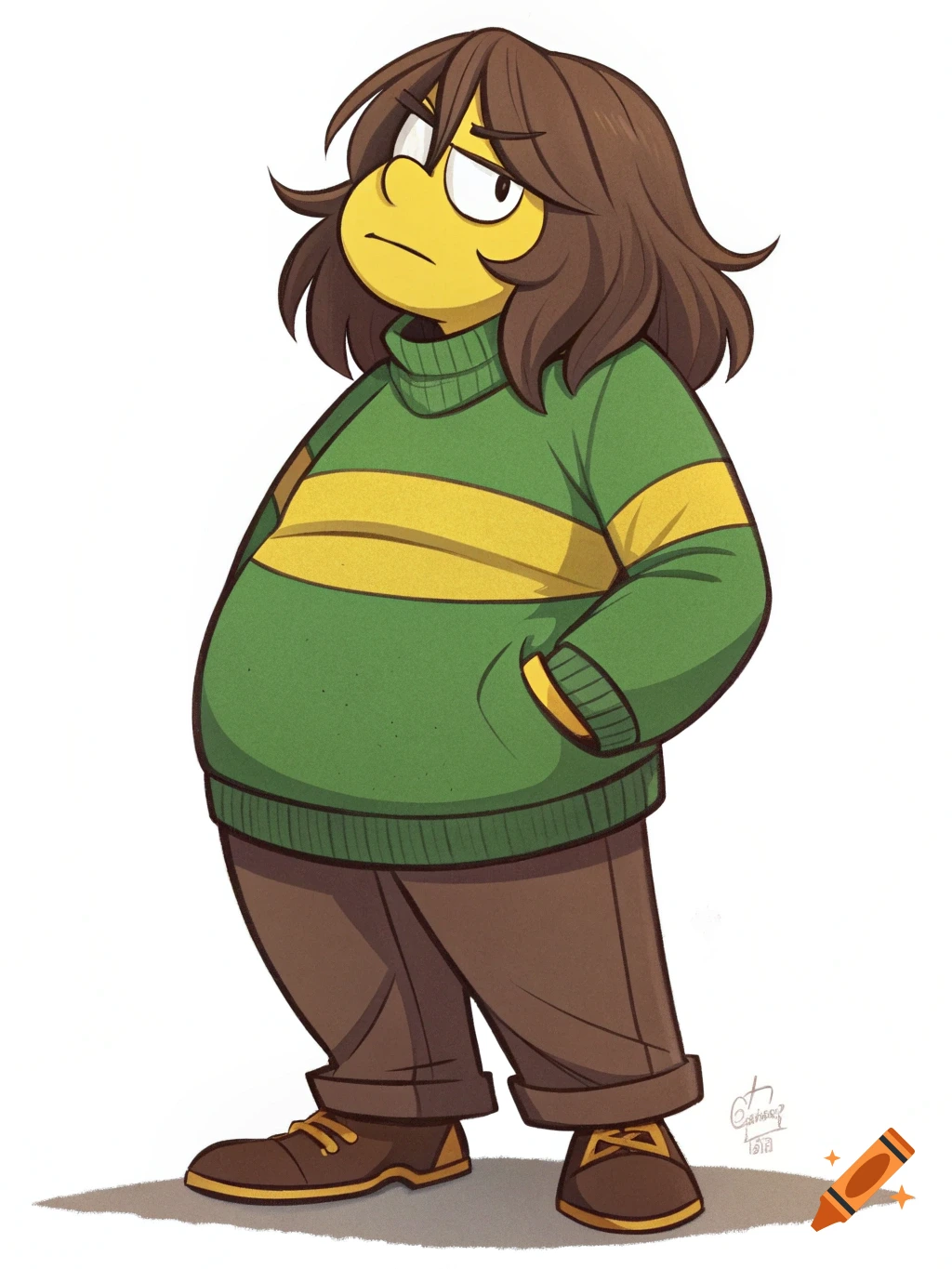 Cartoon illustration of a chubby, yellow-skinned Kris from Deltarune, wearing a green and yellow striped sweater and brown pants.