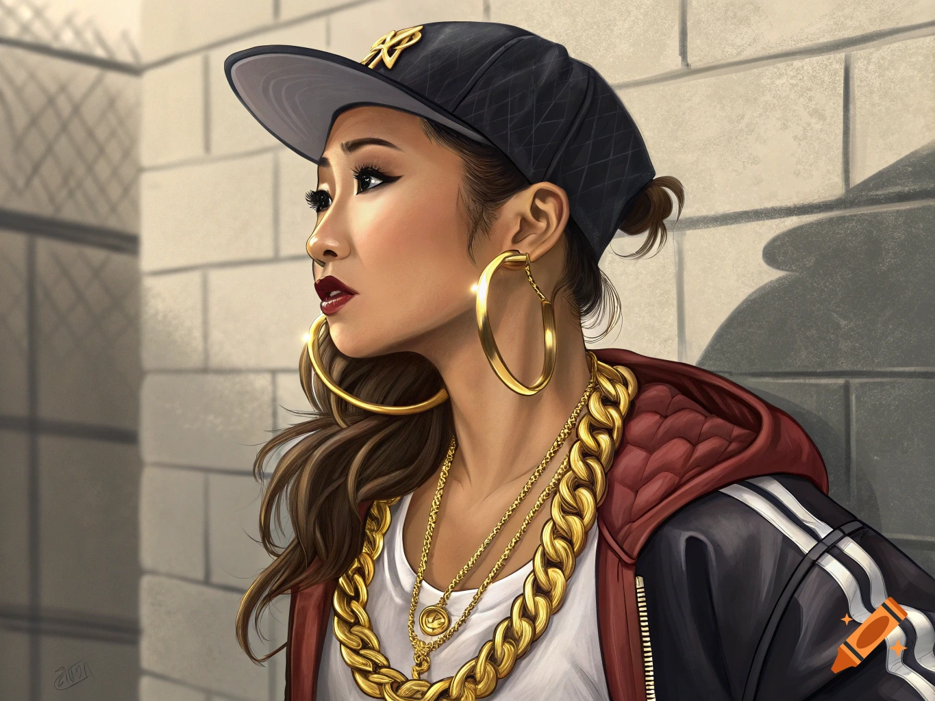 A portrait of a woman in hip-hop fashion with gold chains and hoop earrings, wearing a baseball cap.