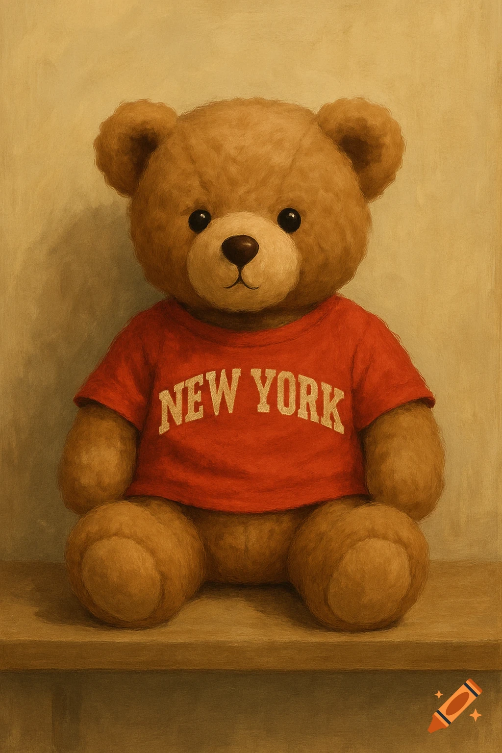 A brown teddy bear wearing a red 'NEW YORK' t-shirt, sitting on a wooden shelf against a beige wall.