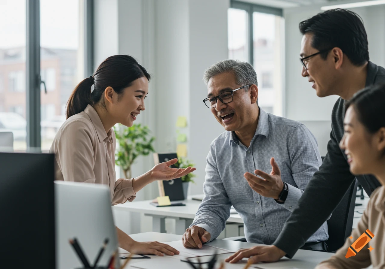 Four smiling colleagues in an office engaging in conversation, gesturing expressively.