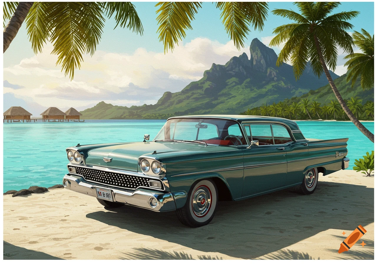 A teal 1959 Ford Fairlane Galaxie on a sandy beach with palm trees, blue ocean, mountains, and overwater bungalows.