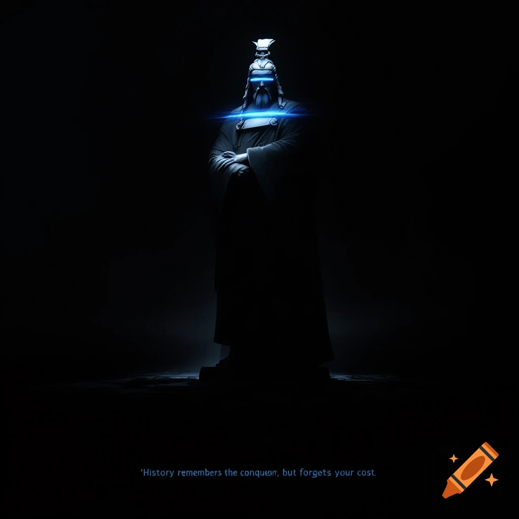 Dark, dramatic statue with glowing blue eyes; quote: 'History remembers the conquor, but forgets your cost.'