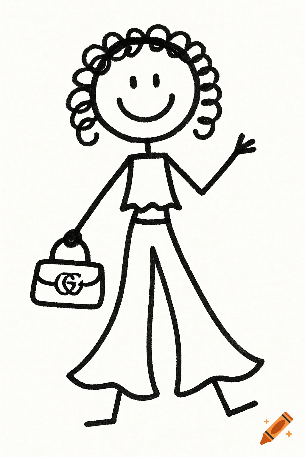 A black line art stick figure girl with curly hair, wearing a top and flowing pants, holding a handbag with a G logo, smiling and waving.