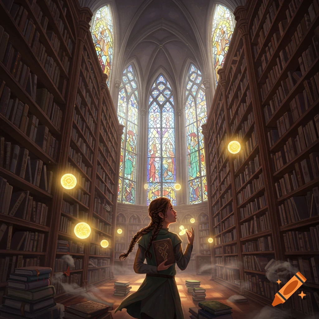 A woman with braids holds a book, looking up at glowing orbs in a grand fantasy library with tall bookshelves and stained glass windows.