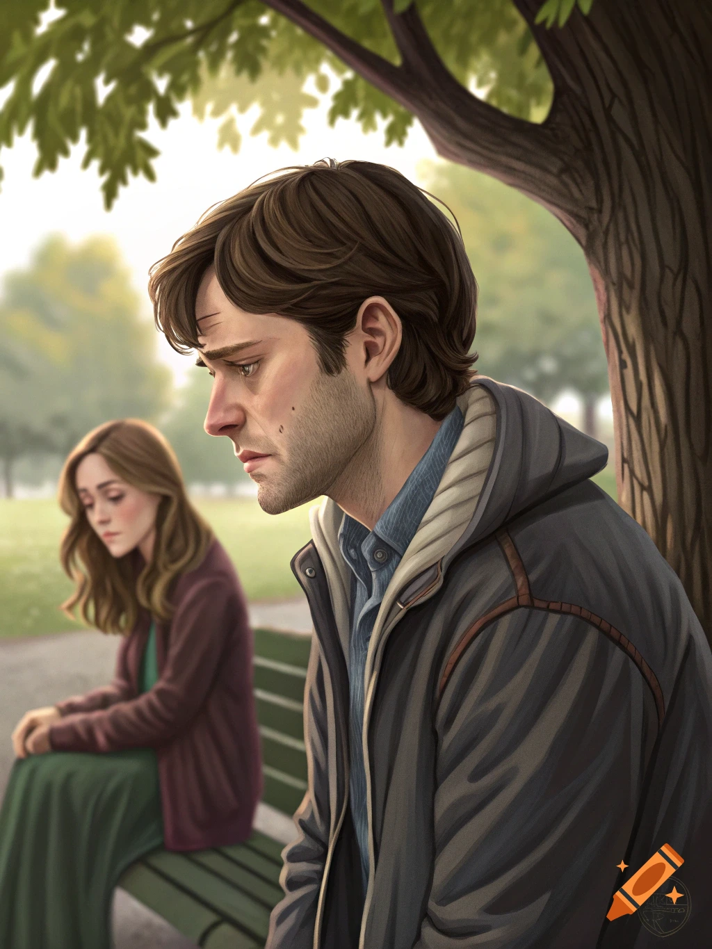 A sad man looks down while a woman sits behind him on a park bench, implying a breakup. Painterly style.