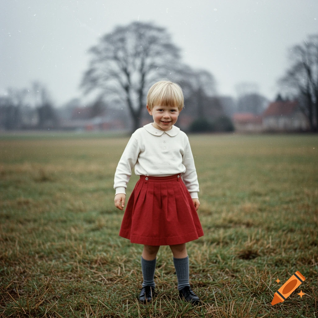 A smiling child with blonde hair wearing a white collared shirt and red skirt stands in a grassy field on a gloomy day.