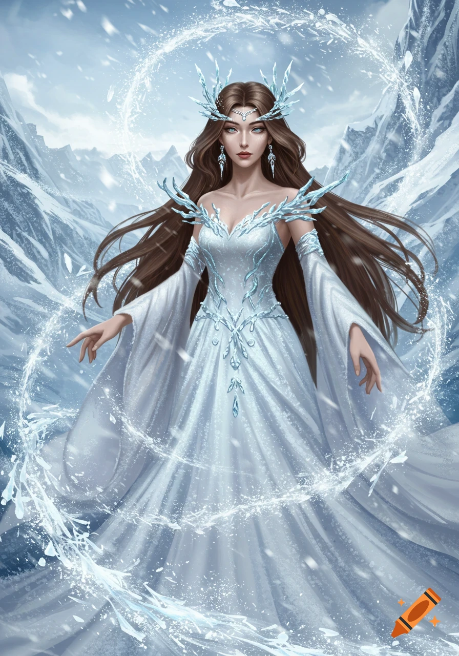 Regal ice goddess with long brown hair in a white gown, surrounded