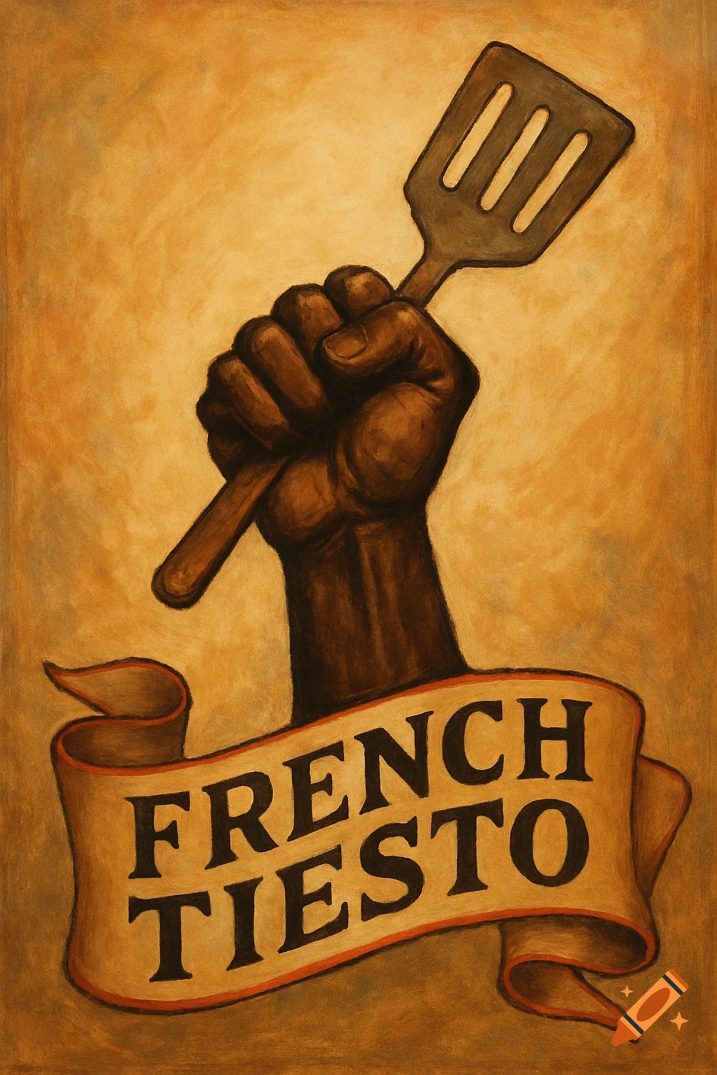 A stylized illustration of a dark-skinned fist raising a spatula, with a banner below reading "FRENCH TIESTO" on a warm, textured background.