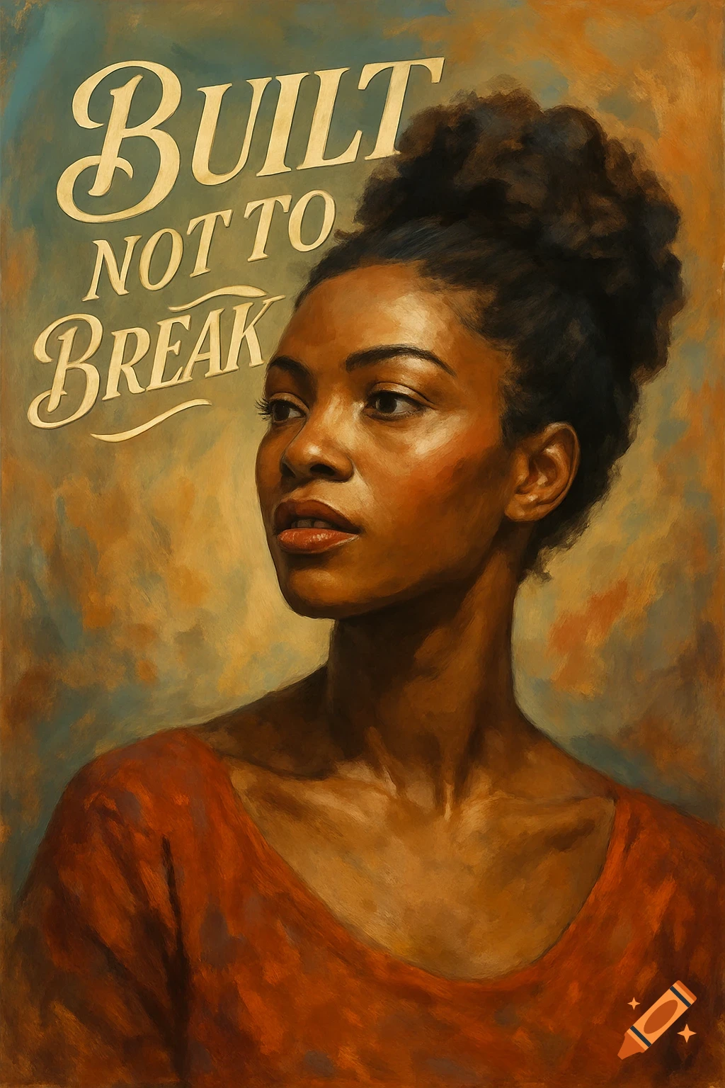 Painted portrait of a woman with dark skin and hair pulled up, looking to the left, with "Built Not To Break" text.