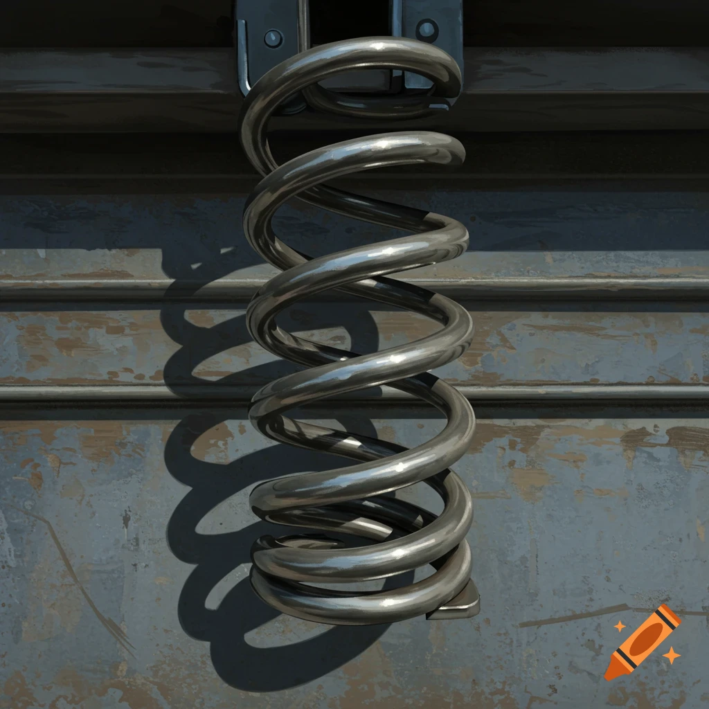 A close-up, photorealistic image of a shiny coiled metal spring against a dark, textured metal background.