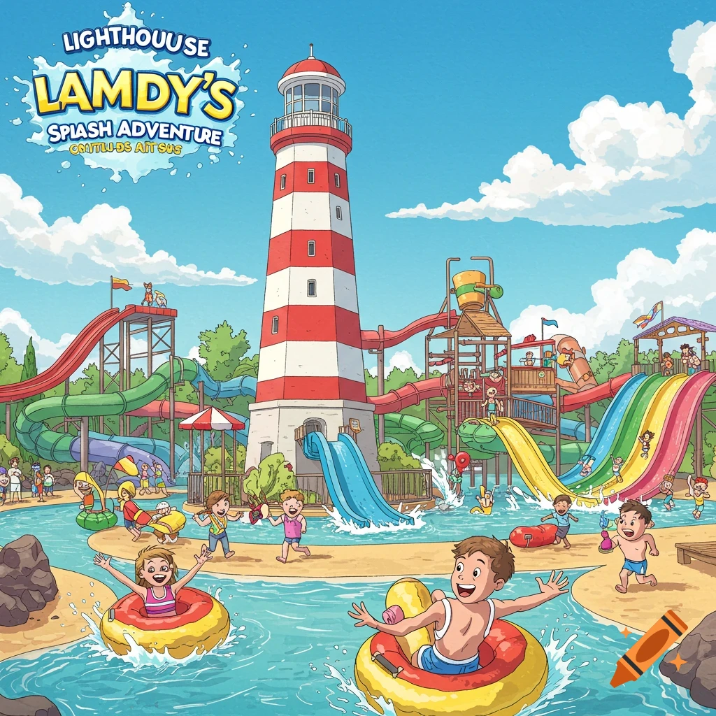 A colorful cartoon illustration of a lively water park with a red and white lighthouse, water slides, and children playing in the water.