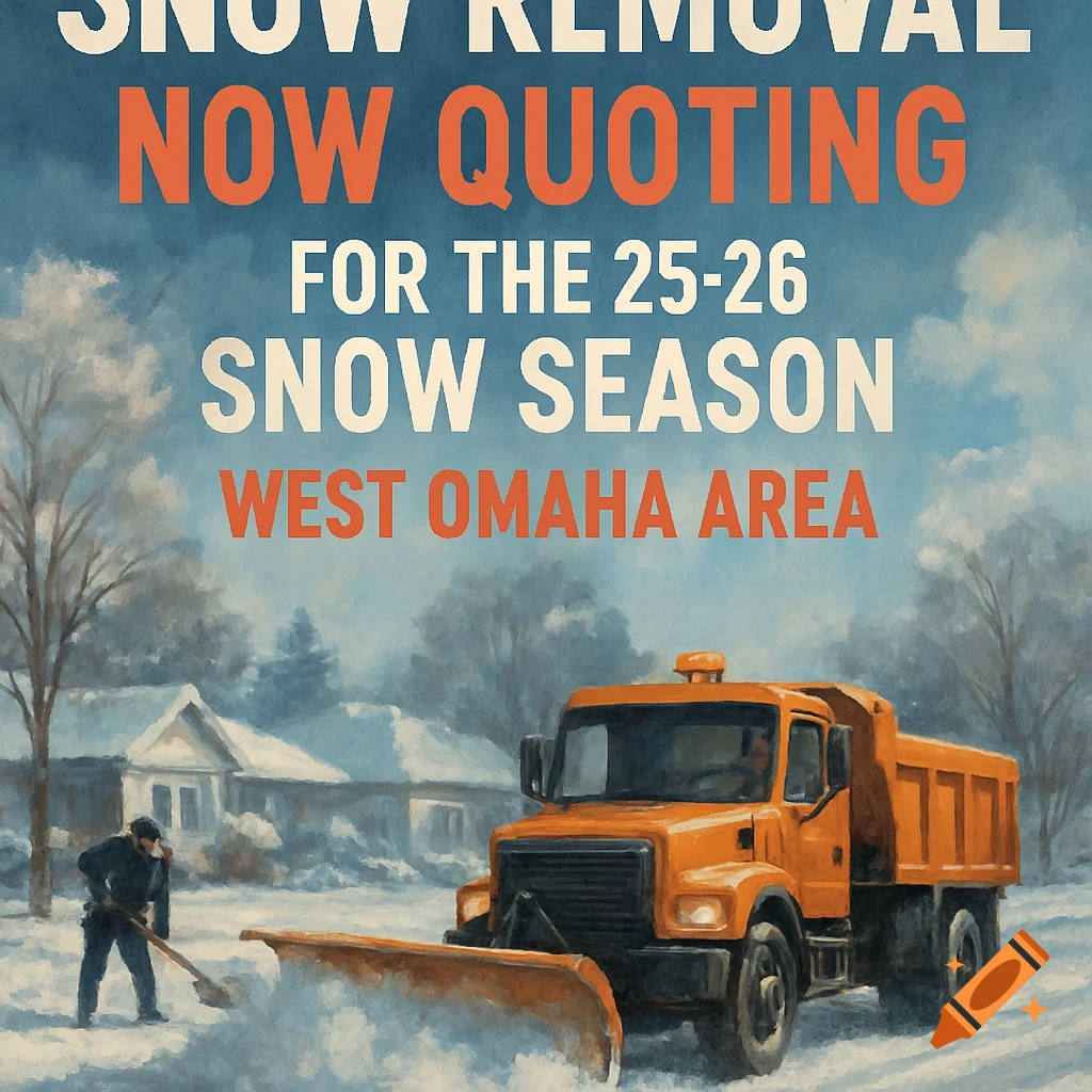 A painterly advertisement for snow removal services, showing a snow plow truck and a person shoveling snow on a snowy street with houses and trees. Text reads 'Snow Removal Now Quoting For The 25-26 Snow Season West Omaha Area'.