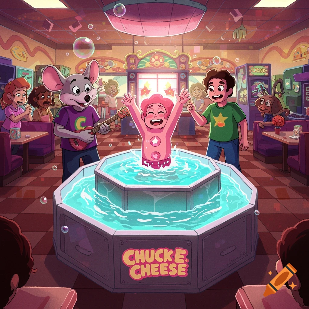 Cartoon style image of a pink Steven Universe character in a Chuck E. Cheese water fountain, with the mouse playing a ukulele and another character watching.