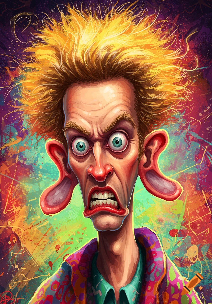 A vibrant, expressive caricature of a man with wild blond hair, wide blue eyes, a shocked expression, and extremely large pink earlobes against a colorful, abstract background.