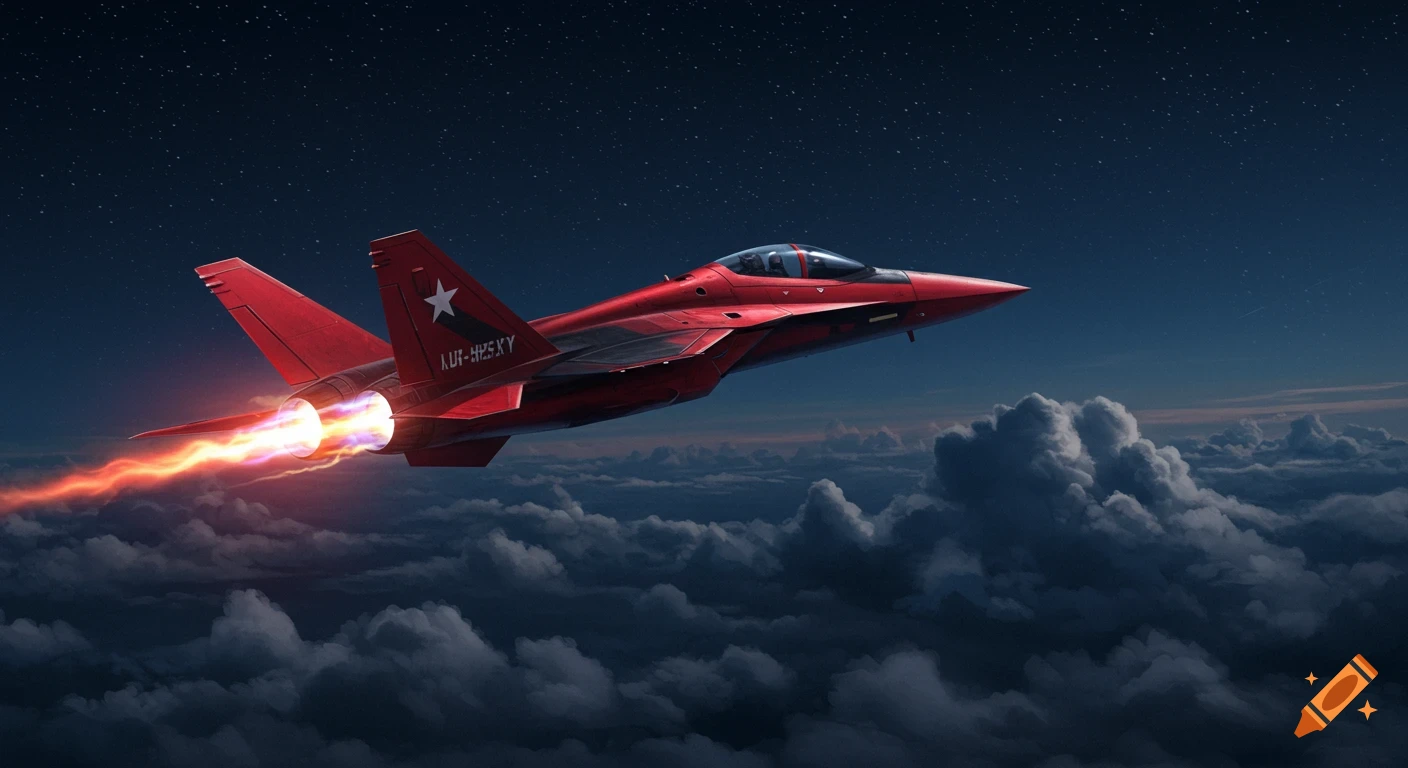 A sleek red jet fighter with glowing afterburners flies through a starry night sky above a thick layer of clouds. Photorealistic style.