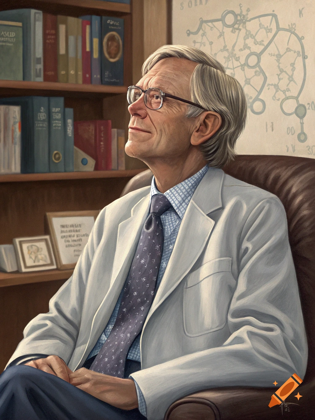 A distinguished older man with glasses and grey hair, wearing a white suit jacket and patterned tie, sits in a leather chair looking up, in an office with bookshelves and scientific diagrams.