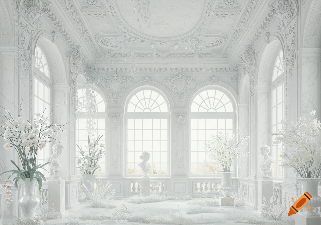A regal white palace interior featuring ornate architectural details, large arched windows, white floral arrangements, and classical busts.