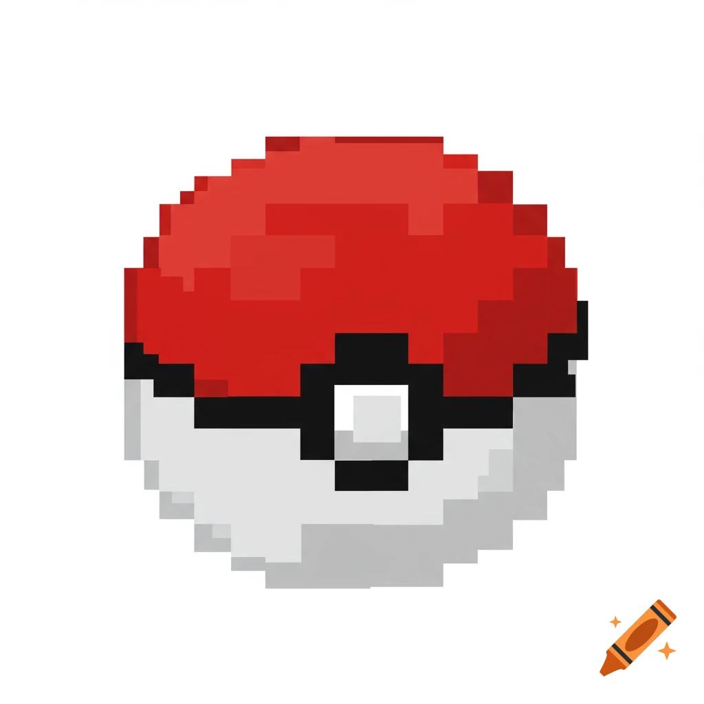 A 2D pixel art rendering of a Pokeball, red on top, white on bottom, with a black band and white button.