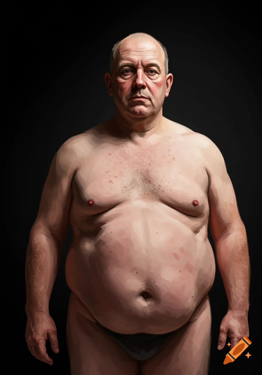 Digital painting of an obese man, shirtless, standing and looking forward against a dark background.