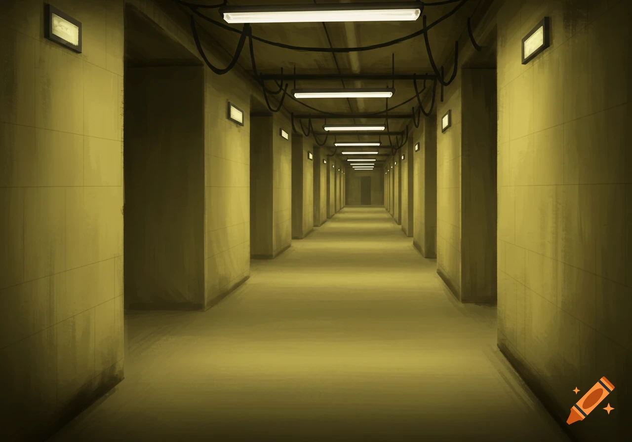 A long, empty, unsettling corridor with yellow walls and fluorescent lights, resembling the Backrooms.