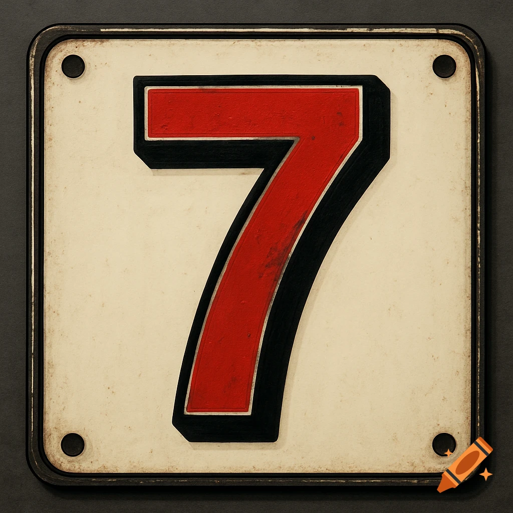 A weathered number plate with a bold red number 7 outlined in black, set against an off-white background.