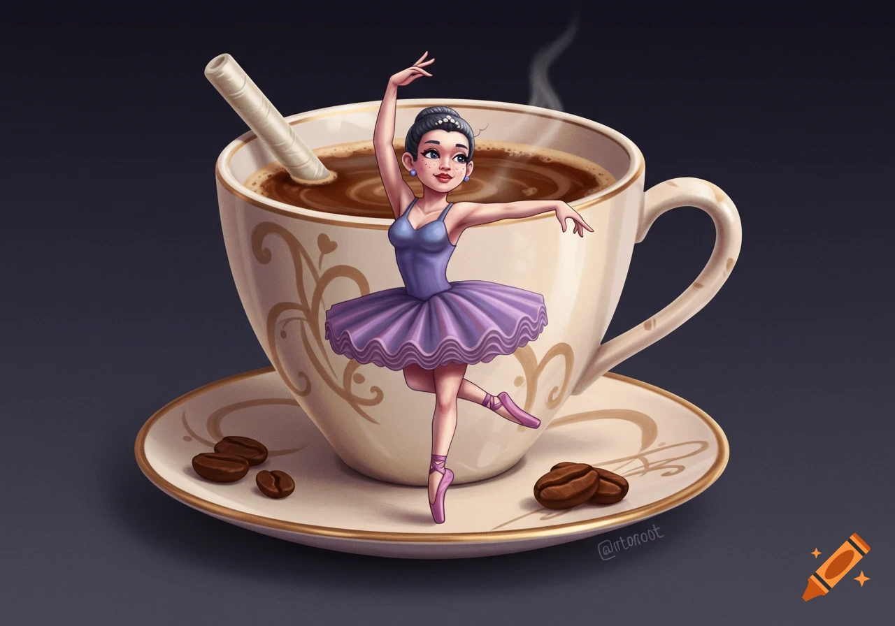 A whimsical illustration of a cartoon ballerina in a purple tutu dancing on the rim of a steaming coffee cup, with coffee beans on the saucer.