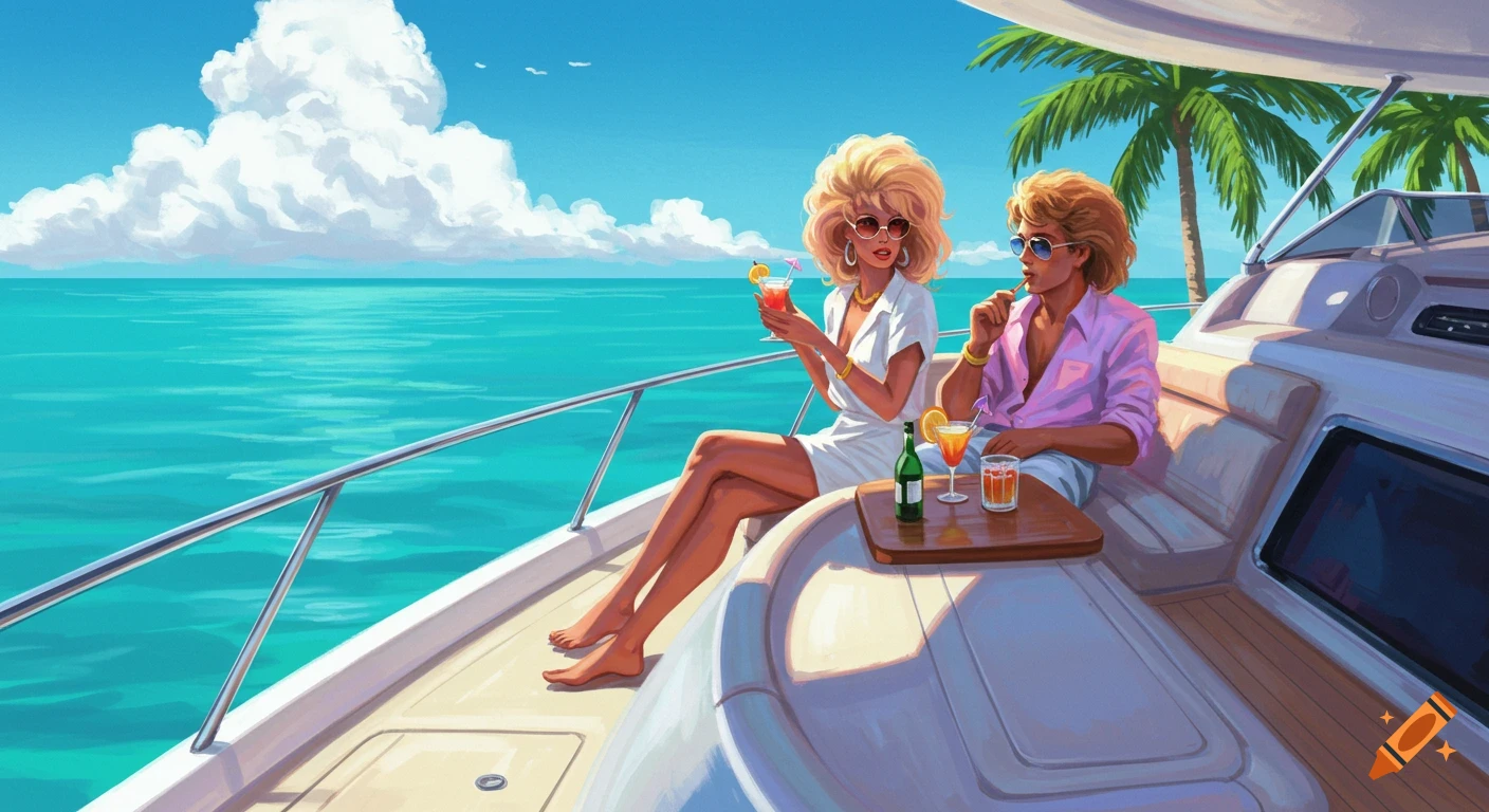 A vibrant 80s-style illustration of two people relaxing on a yacht in tropical waters with palm trees and a clear sky.