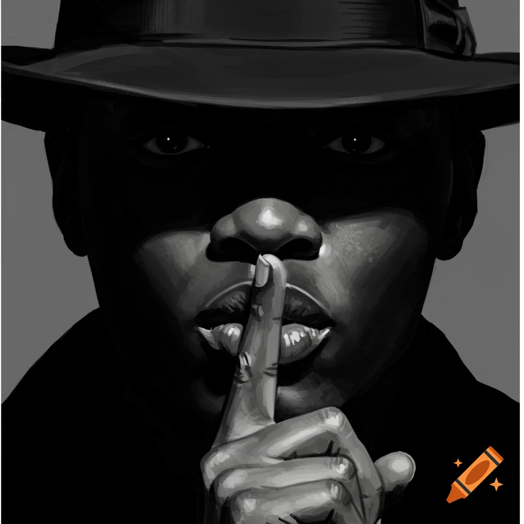 A stark black and white portrait of a person in a fedora, illuminated by strong light, with a finger pressed to their lips indicating silence.