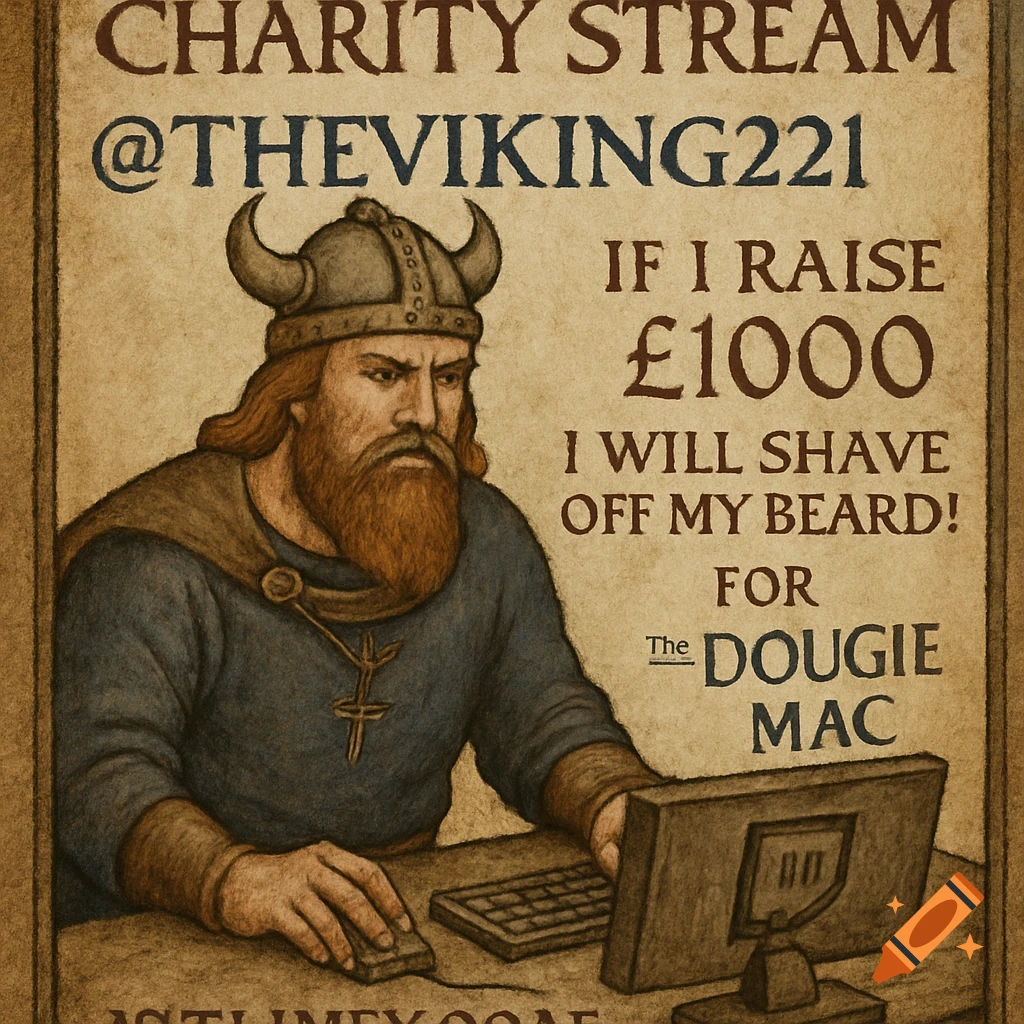 A medieval-style illustration of a bearded Viking in a horned helmet using a desktop computer, with text promoting a charity stream.